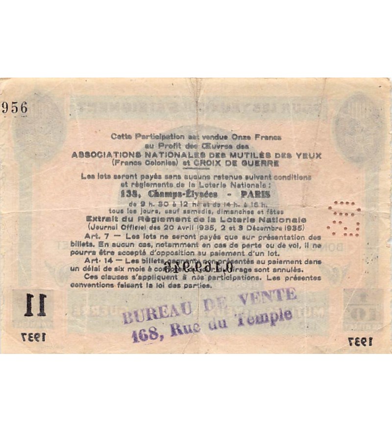 Billet de Loterie Nationale, Mutilés des yeux et croix de guerre - 1937