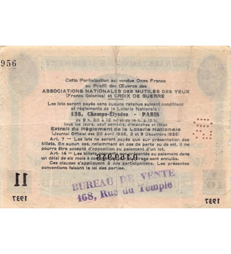 Billet de Loterie Nationale, Mutilés des yeux et croix de guerre - 1937