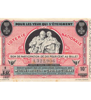Billet de Loterie Nationale, Mutilés des yeux et croix de guerre - 1937