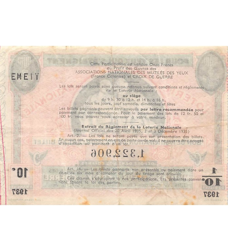 Billet de Loterie Nationale, Mutilés des yeux et croix de guerre - 1937