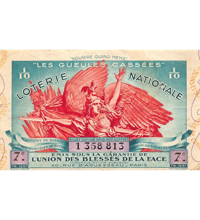 Billet de Loterie Nationale, Les Gueules Cassées - 1937
