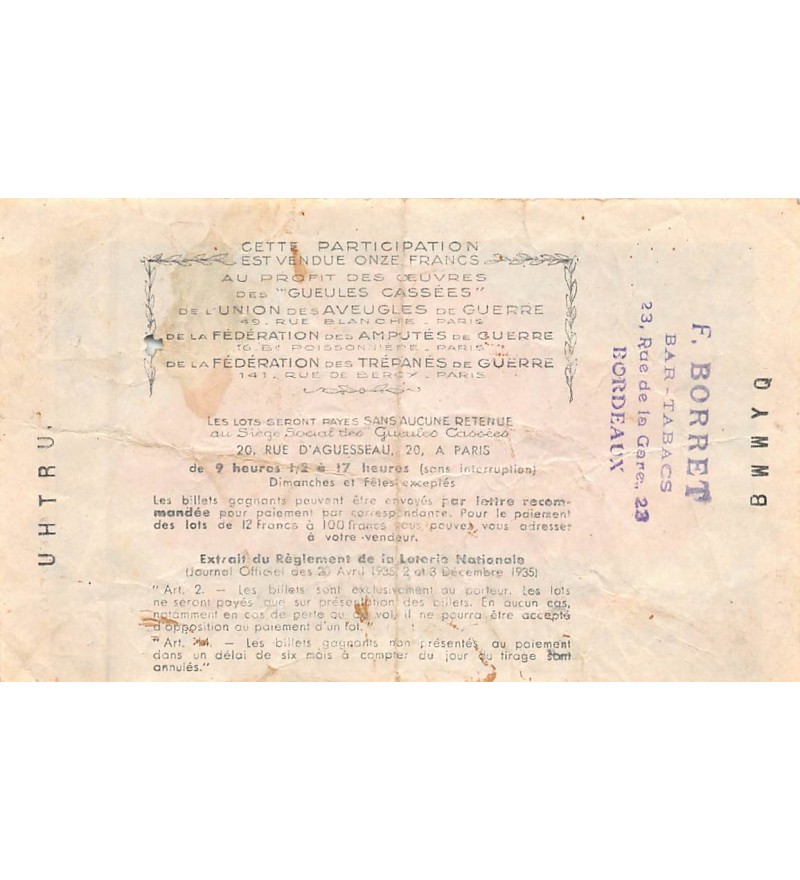 Billet de Loterie Nationale, Les Gueules Cassées - 1937