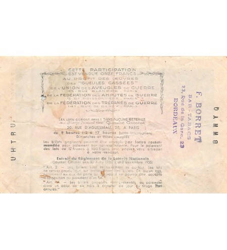 Billet de Loterie Nationale, Les Gueules Cassées - 1937