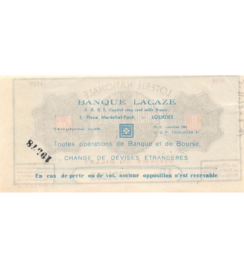 Billet de Loterie Nationale, Banque Lacaze à Lourdes - 1938
