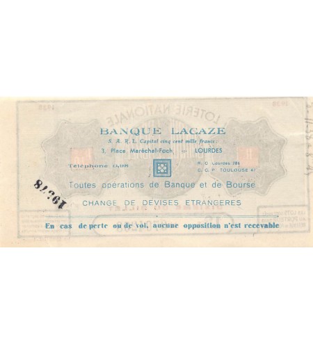 Billet de Loterie Nationale, Banque Lacaze à Lourdes - 1938
