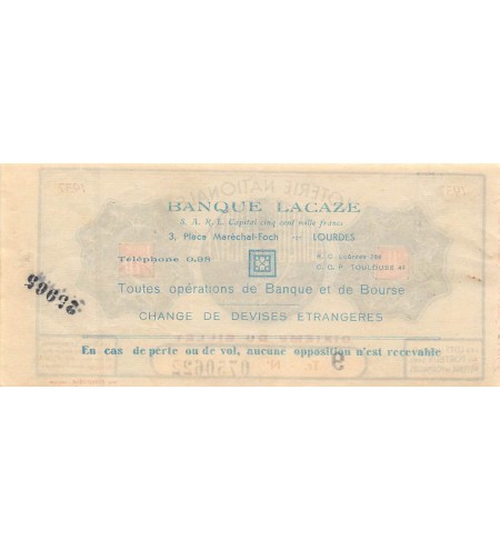 Billet de Loterie Nationale, Banque Lacaze à Lourdes - 1937