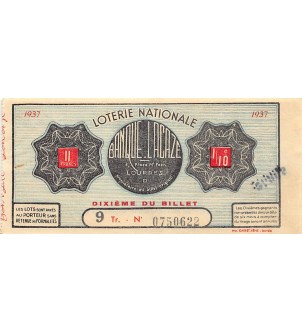 Billet de Loterie Nationale, Banque Lacaze à Lourdes - 1937 2