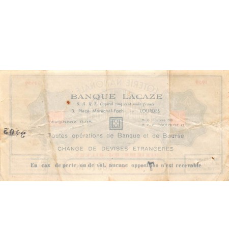 Billet de Loterie Nationale, Banque Lacaze à Lourdes - 1939