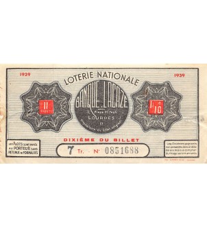 Billet de Loterie Nationale, Banque Lacaze à Lourdes - 1939