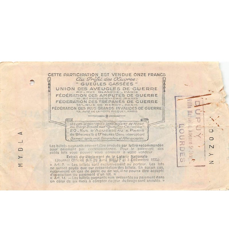 Billet de Loterie Nationale, Les Gueules Cassées - 1938