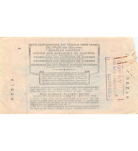 Billet de Loterie Nationale, Les Gueules Cassées - 1938