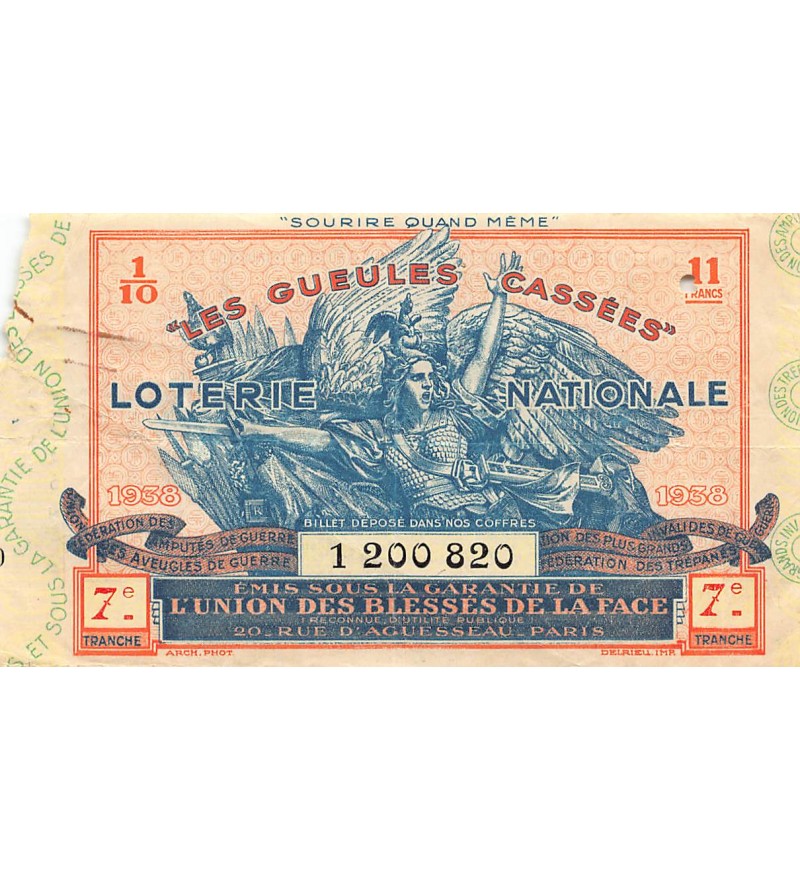 Billet de Loterie Nationale, Les Gueules Cassées - 1938