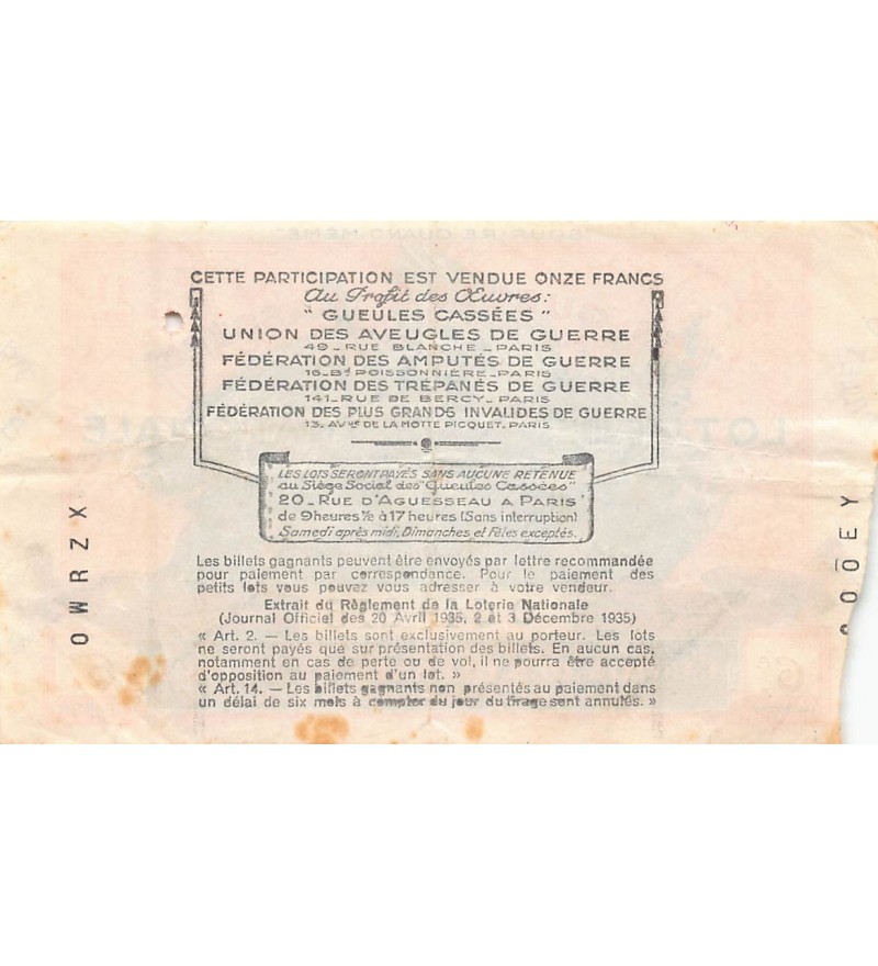Billet de Loterie Nationale, Les Gueules Cassées - 1938