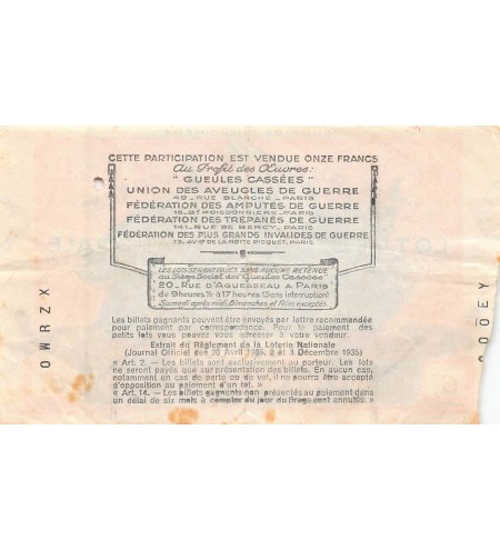 Billet de Loterie Nationale, Les Gueules Cassées - 1938