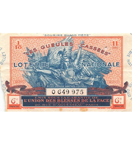 Billet de Loterie Nationale, Les Gueules Cassées - 1938
