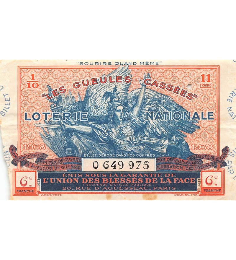 Billet de Loterie Nationale, Les Gueules Cassées - 1938