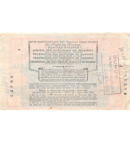 Billet de Loterie Nationale, Les Gueules Cassées - 1938