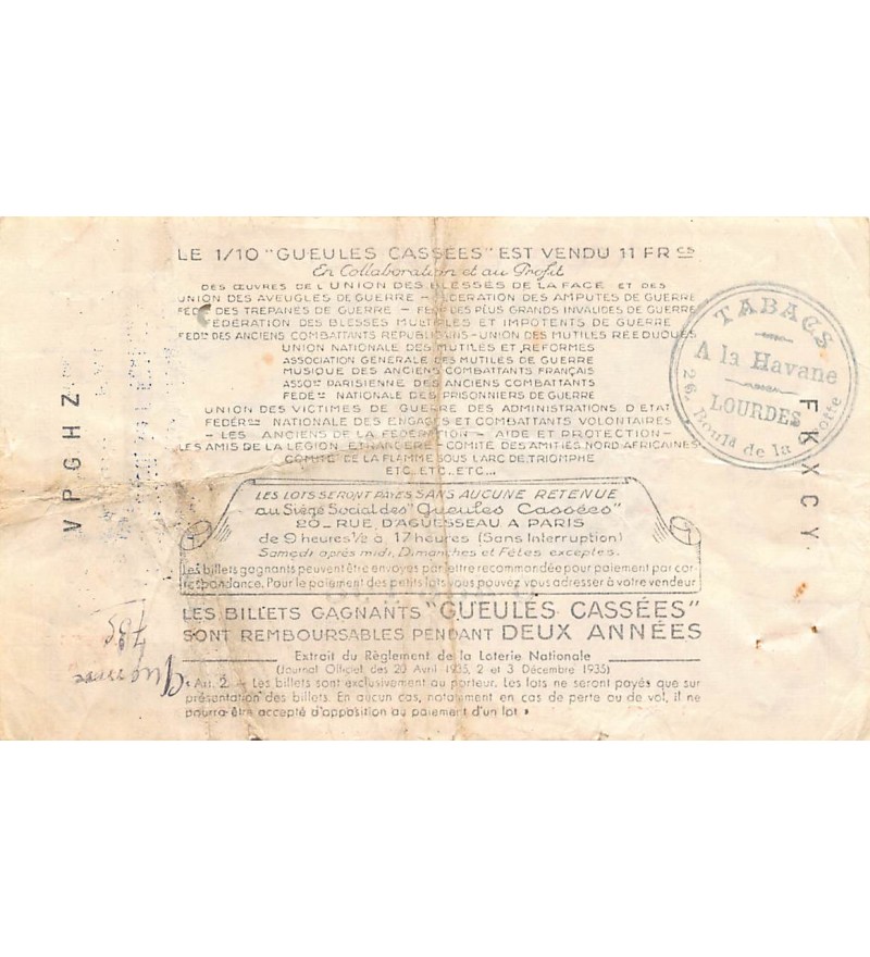 Billet de Loterie Nationale, Les Gueules Cassées - 1939