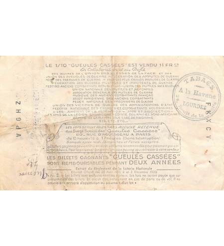 Billet de Loterie Nationale, Les Gueules Cassées - 1939