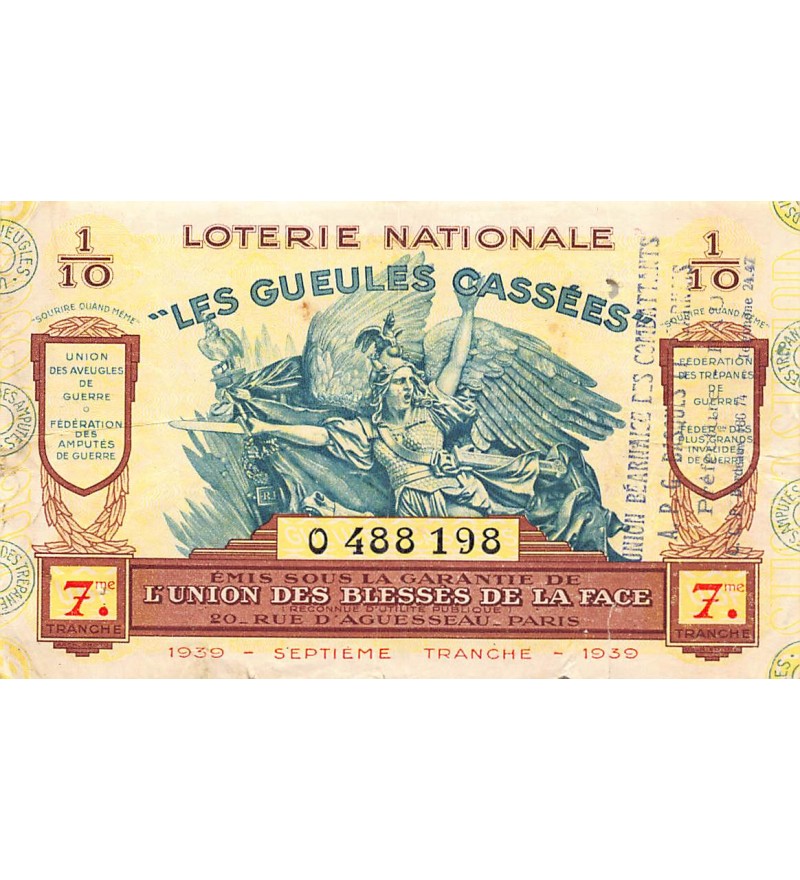 Billet de Loterie Nationale, Les Gueules Cassées - 1939