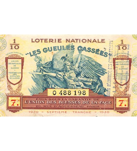 Billet de Loterie Nationale, Les Gueules Cassées - 1939