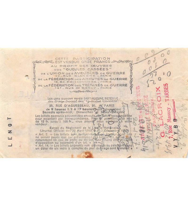 Billet de Loterie Nationale, Les Gueules Cassées - 1938