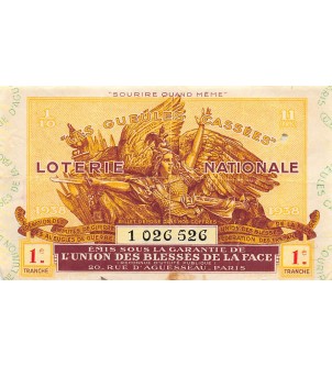 Billet de Loterie Nationale, Les Gueules Cassées - 1938 2