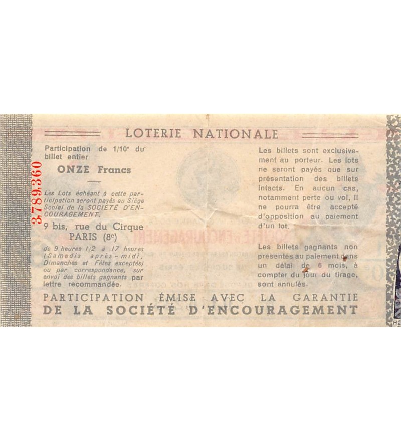 Billet de Loterie Nationale, Société d'Encouragement - 1938