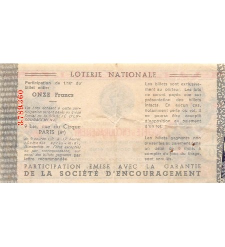 Billet de Loterie Nationale, Société d'Encouragement - 1938