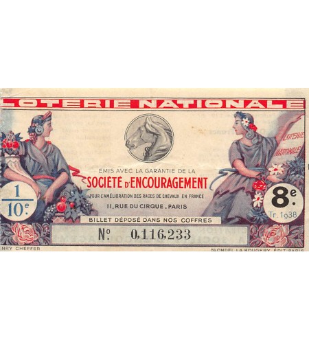 Billet de Loterie Nationale, Société d'Encouragement - 1938