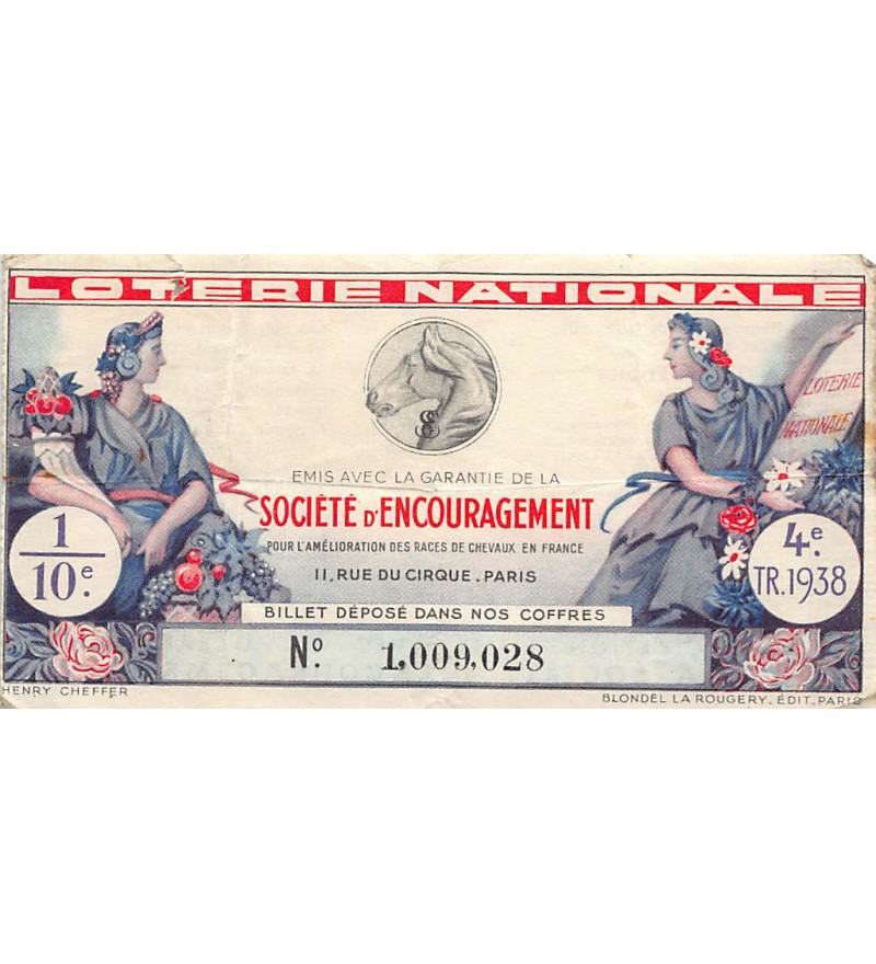 Billet de Loterie Nationale, Société d'Encouragement - 1938