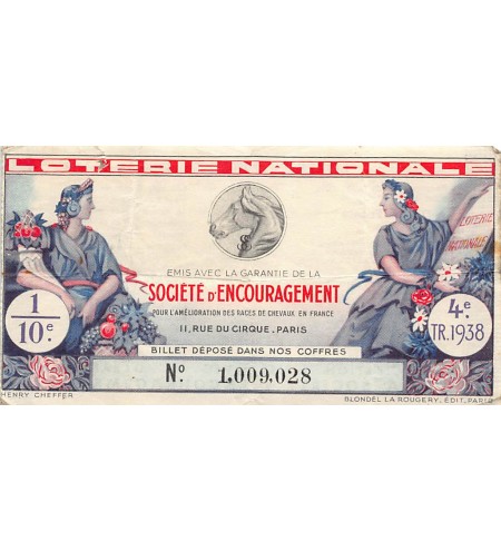 Billet de Loterie Nationale, Société d'Encouragement - 1938