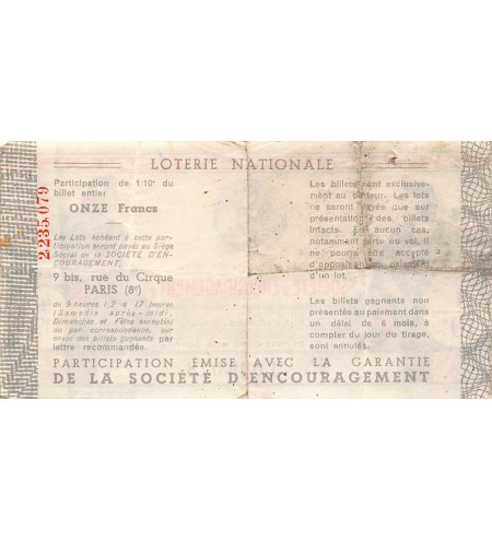 Billet de Loterie Nationale, Société d'Encouragement - 1938