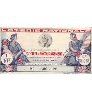 Billet de Loterie Nationale, Société d'Encouragement - 1938
