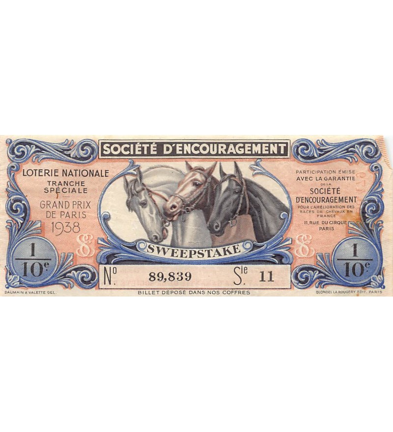Billet de Loterie Nationale, SWEEPSTAKE - 1938