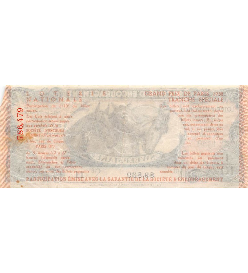 Billet de Loterie Nationale, SWEEPSTAKE - 1938
