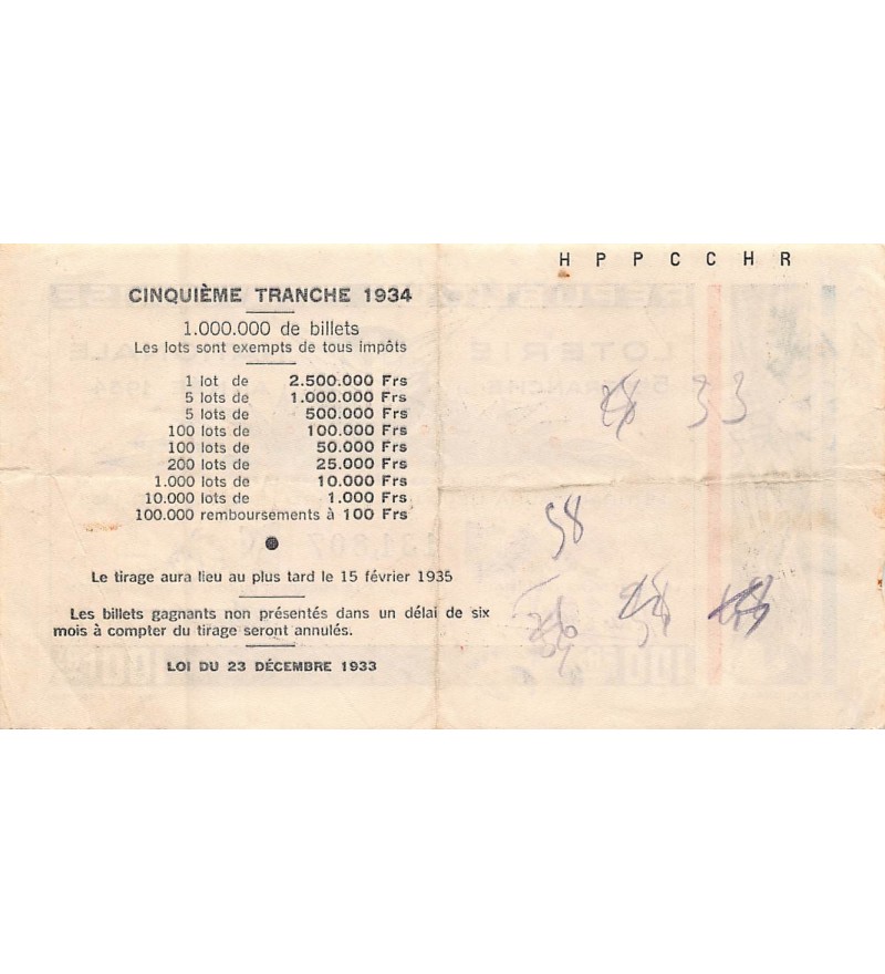 Billet de Loterie Nationale, 100 FRANCS - 1934