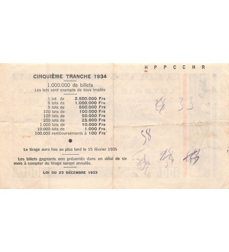 Billet de Loterie Nationale, 100 FRANCS - 1934