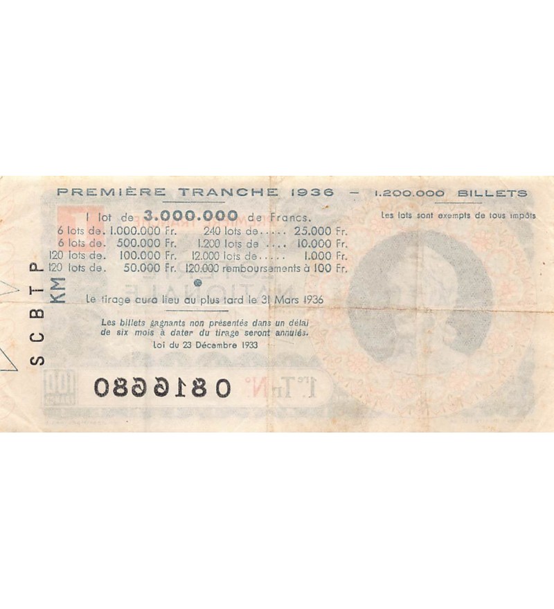 Billet de Loterie Nationale, 100 FRANCS - 1936
