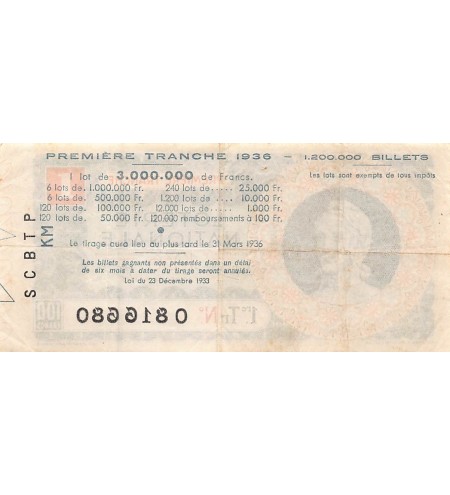 Billet de Loterie Nationale, 100 FRANCS - 1936