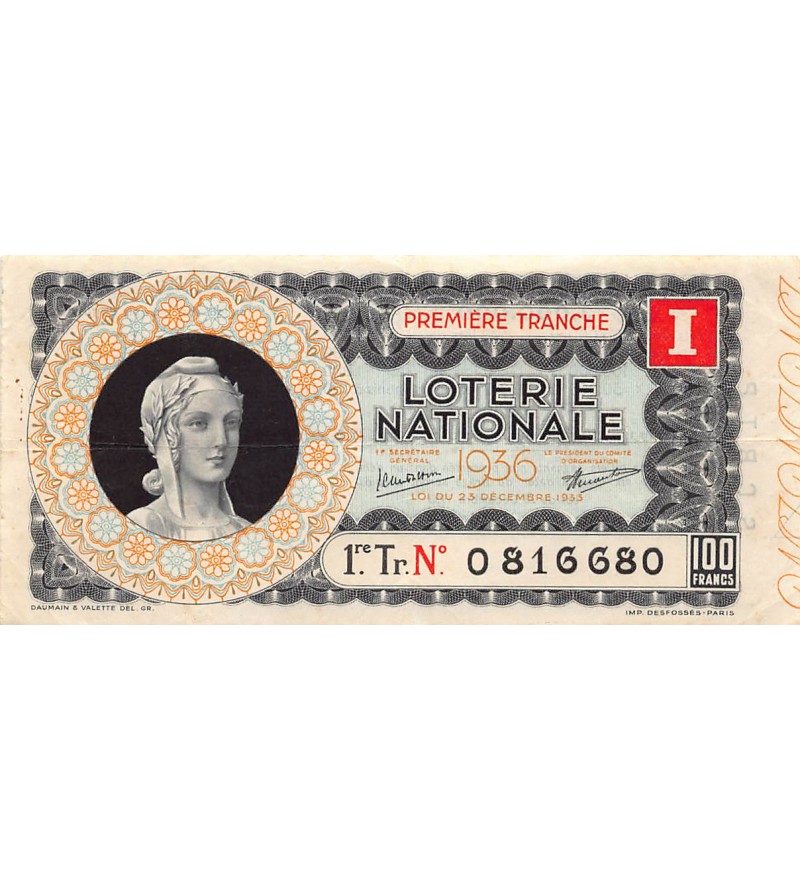 Billet de Loterie Nationale, 100 FRANCS - 1936