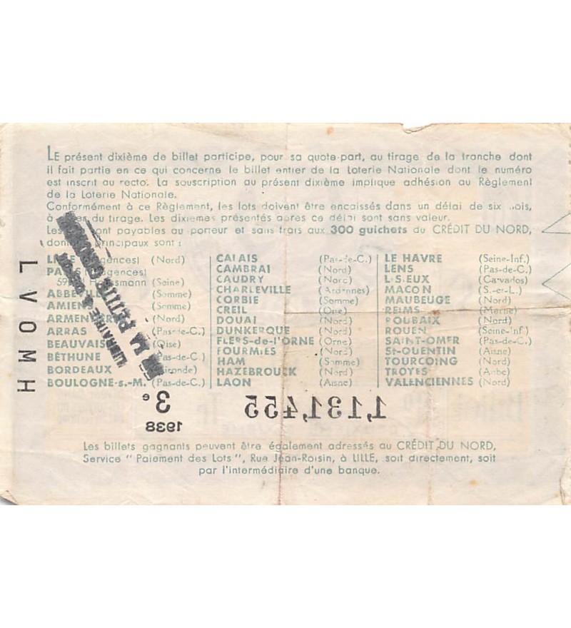 Billet de Loterie Nationale, Crédit du Nord - 1938