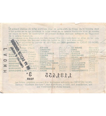 Billet de Loterie Nationale, Crédit du Nord - 1938
