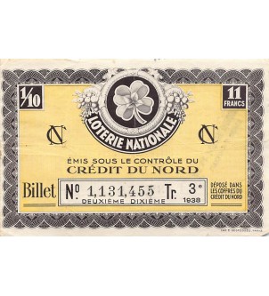 Billet de Loterie Nationale, Crédit du Nord - 1938
