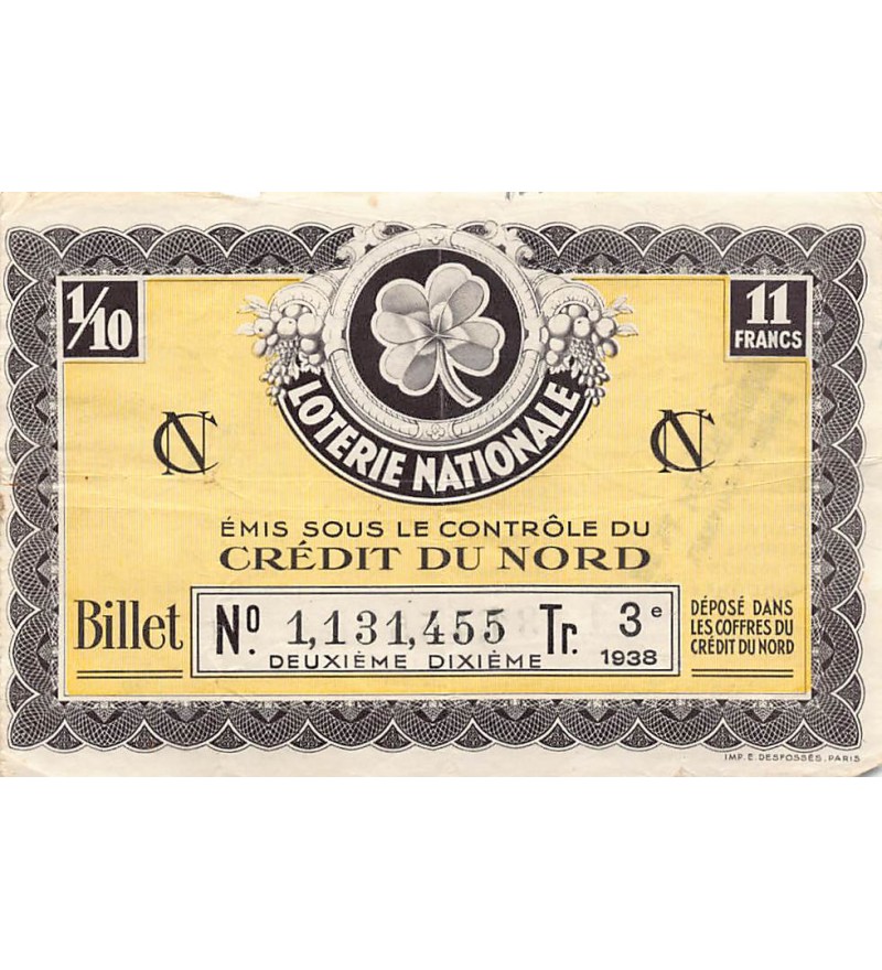 Billet de Loterie Nationale, Crédit du Nord - 1938