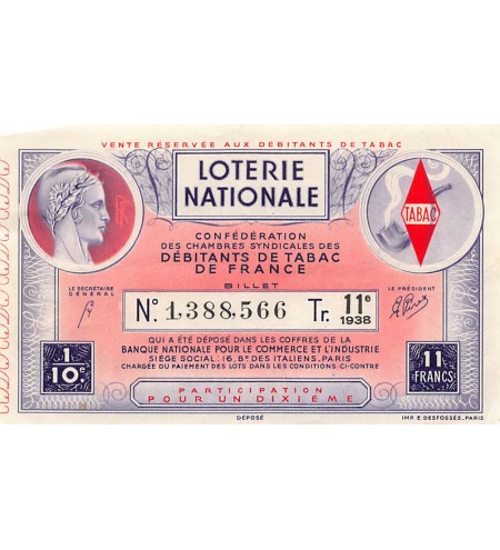 Billet de Loterie Nationale, Débitants de Tabac - 1938