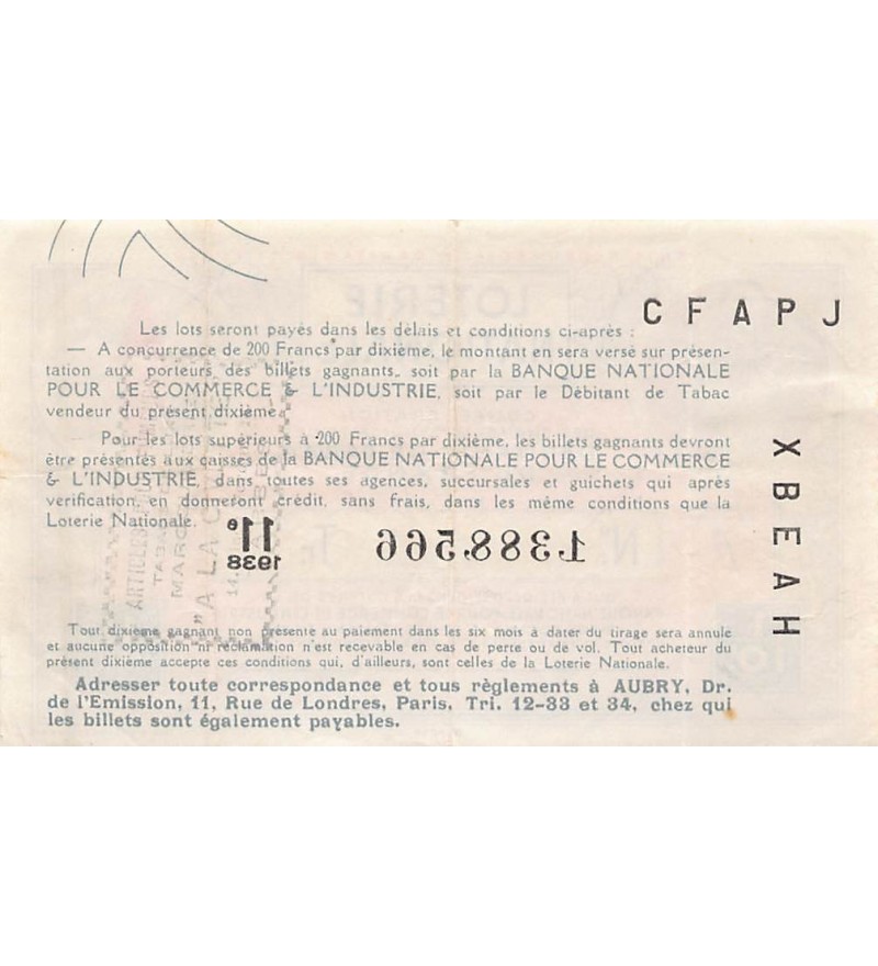 Billet de Loterie Nationale, Débitants de Tabac - 1938