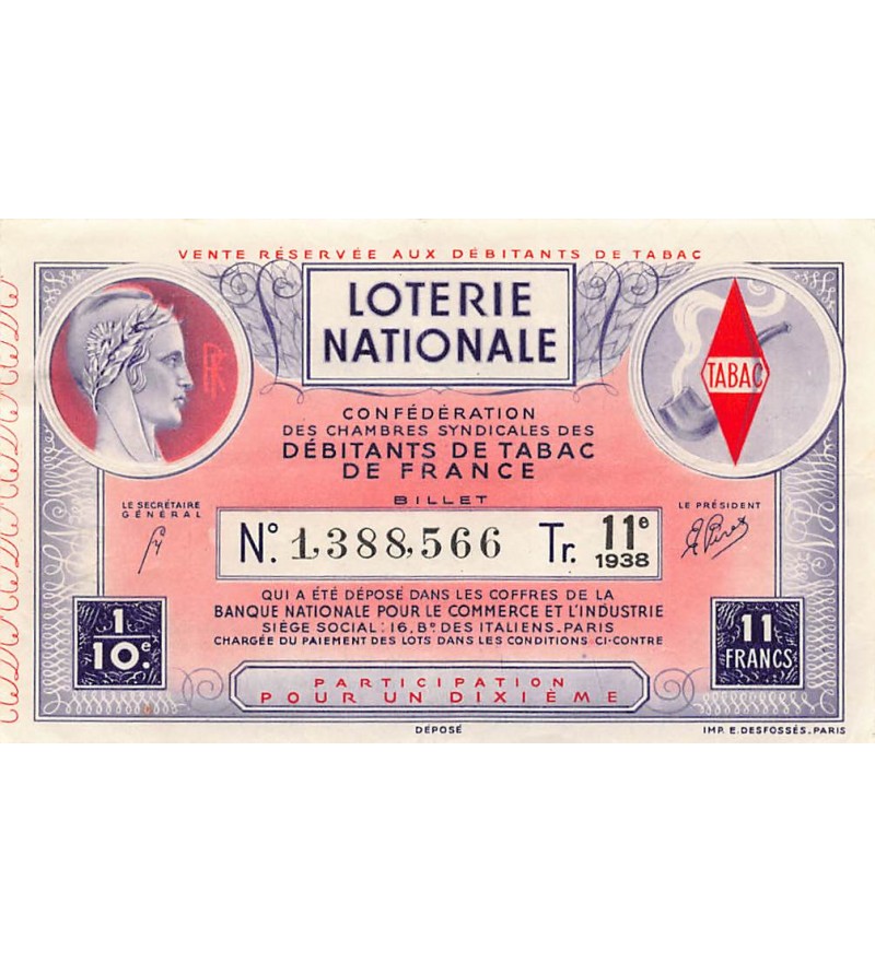 Billet de Loterie Nationale, Débitants de Tabac - 1938