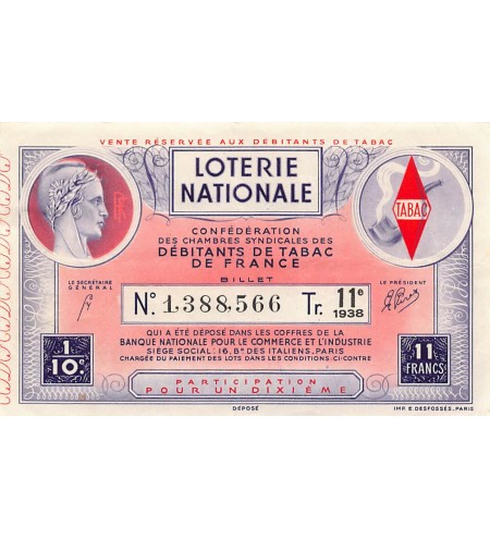 Billet de Loterie Nationale, Débitants de Tabac - 1938