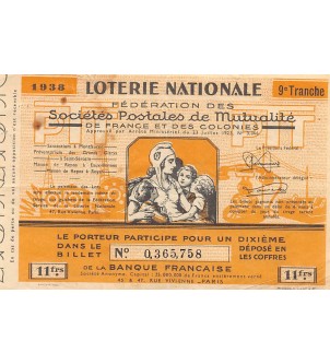 Billet de Loterie Nationale, Sociétés Postales de Mutualité - 1938